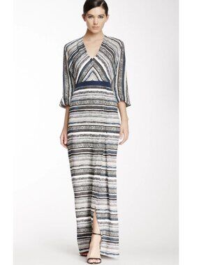 NWT $1,590 Yigal Azrouel Striped Ikat Silk V-Neck Maxi Dress 8 WEDDING FORMAL